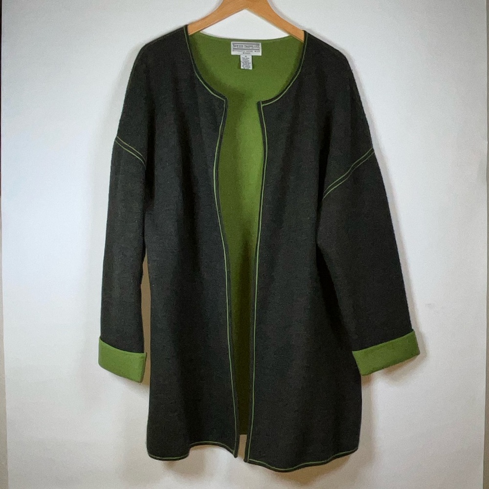 NEWTON TRADING CO. Women 100%Wool Open Front Cardigan Sweater Black Green 1X